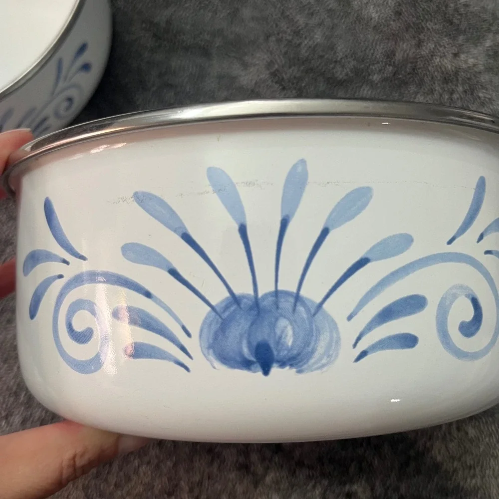 Vintage Lincoware Enamel Nesting Bowls Set of 3 Blue Onion Floral White Lids